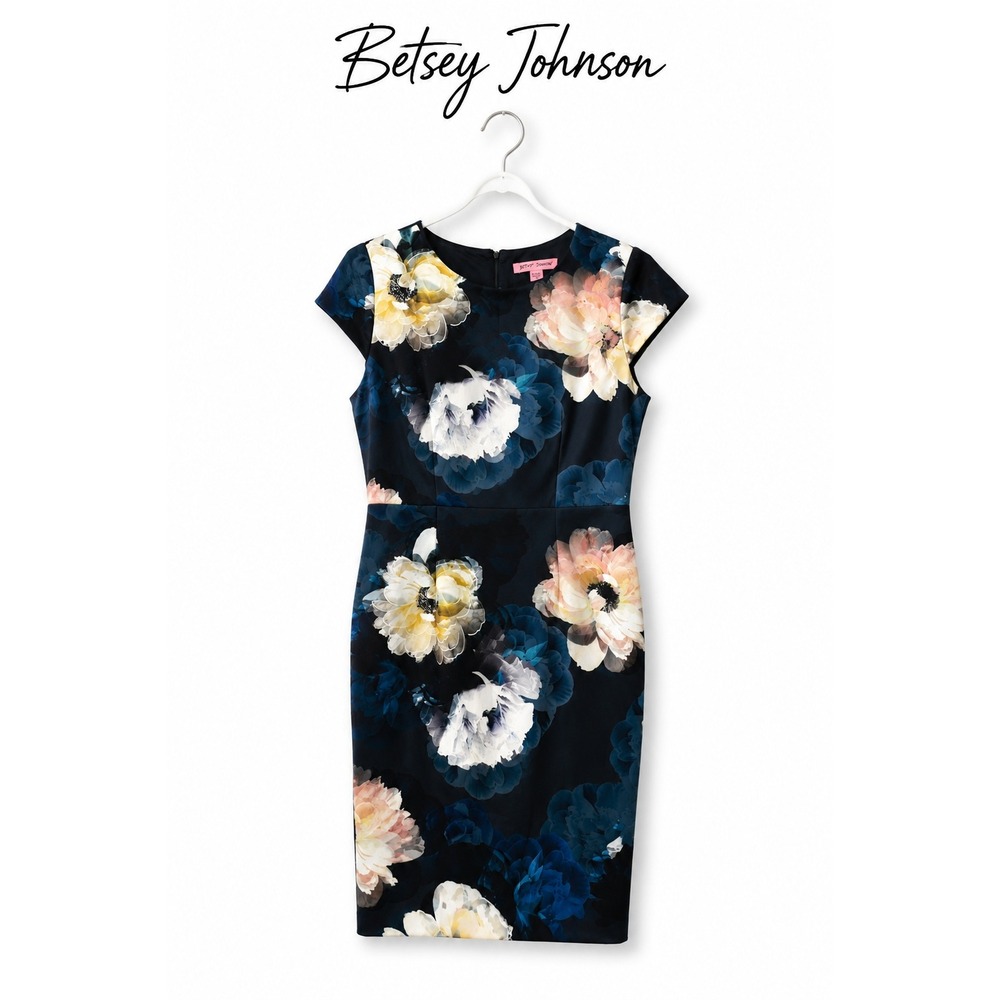 Betsey Johnson Floral Sheath Dress Blue Black Watercolor Garden Party Cocktail